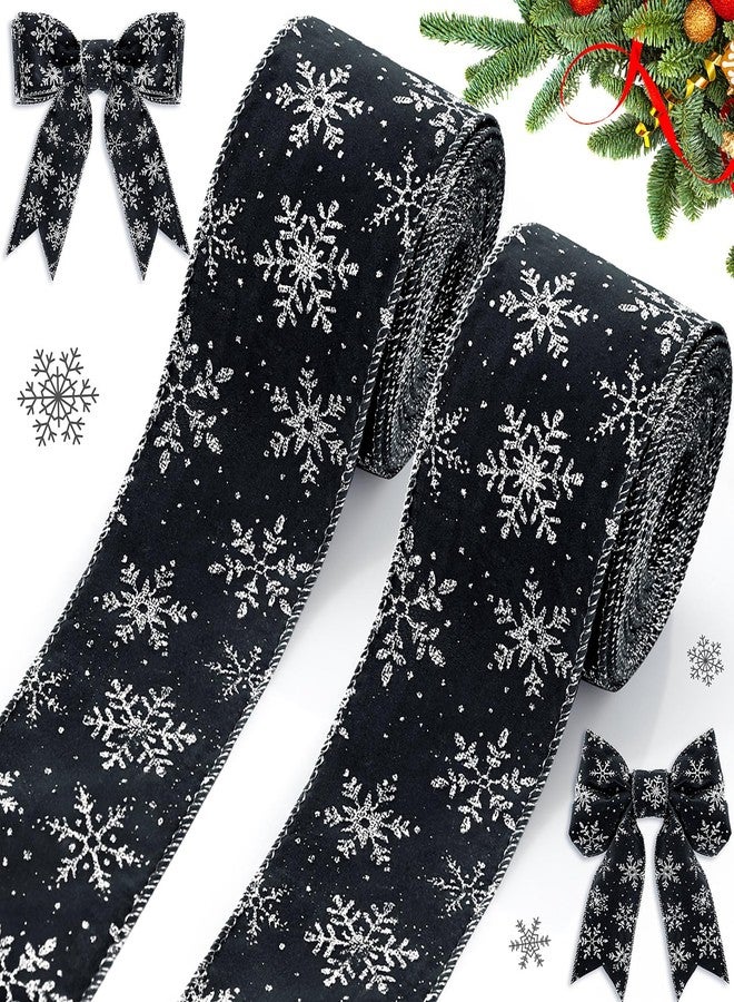 Unittype 2 Rolls/ 20 Yards Christmas Velvet Wired Ribbons with Snowflake Pattern 2.5'' Wide Xmas Craft Gift Wrapping Ribbon for Christmas Tree Wreath Decoration DIY Bows Supplies(Black) - Image 1